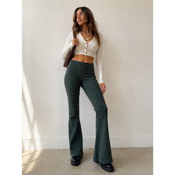 Free People Pants - Free People Diamond Jacquard Small Knit Pants Teal Green High Rise Boho Flare